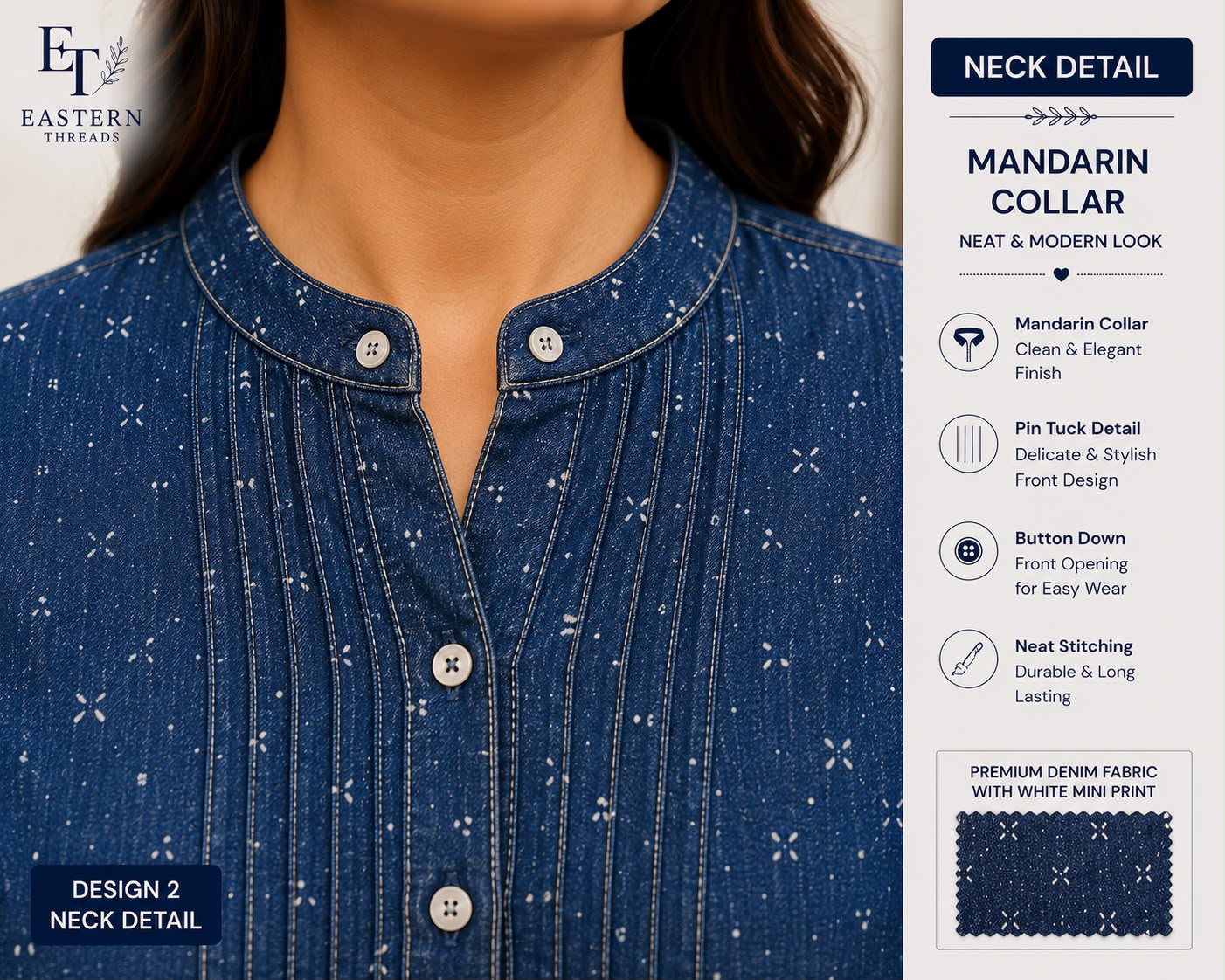 Pin Tuck Long Blue Denim Style Shirt