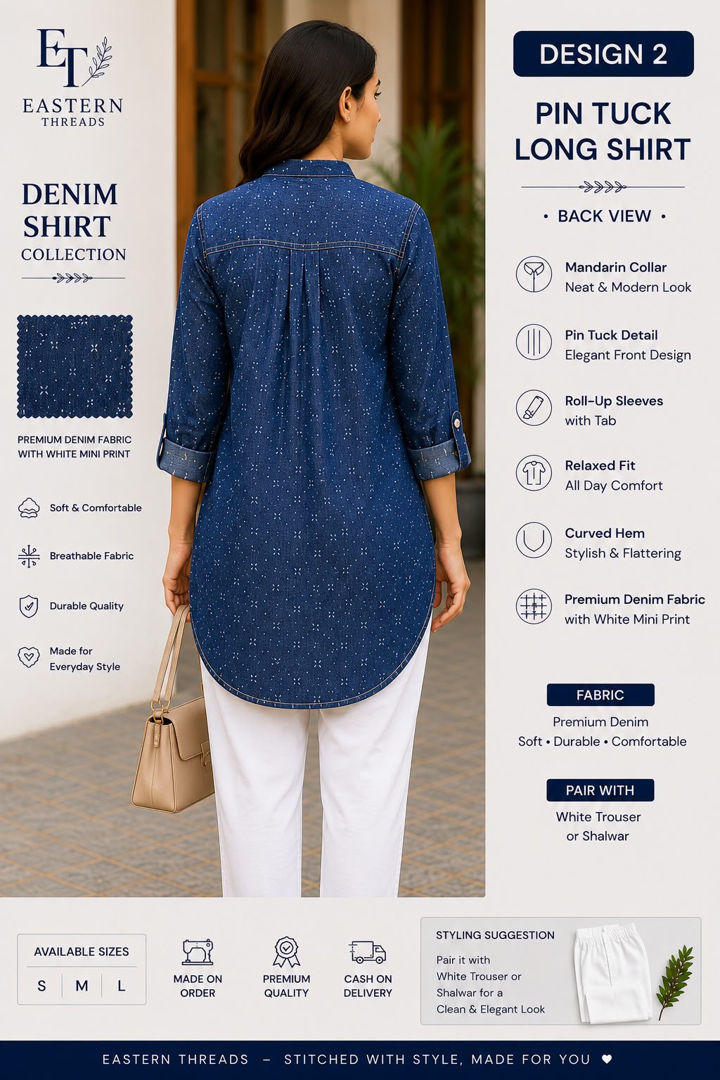 Pin Tuck Long Blue Denim Style Shirt