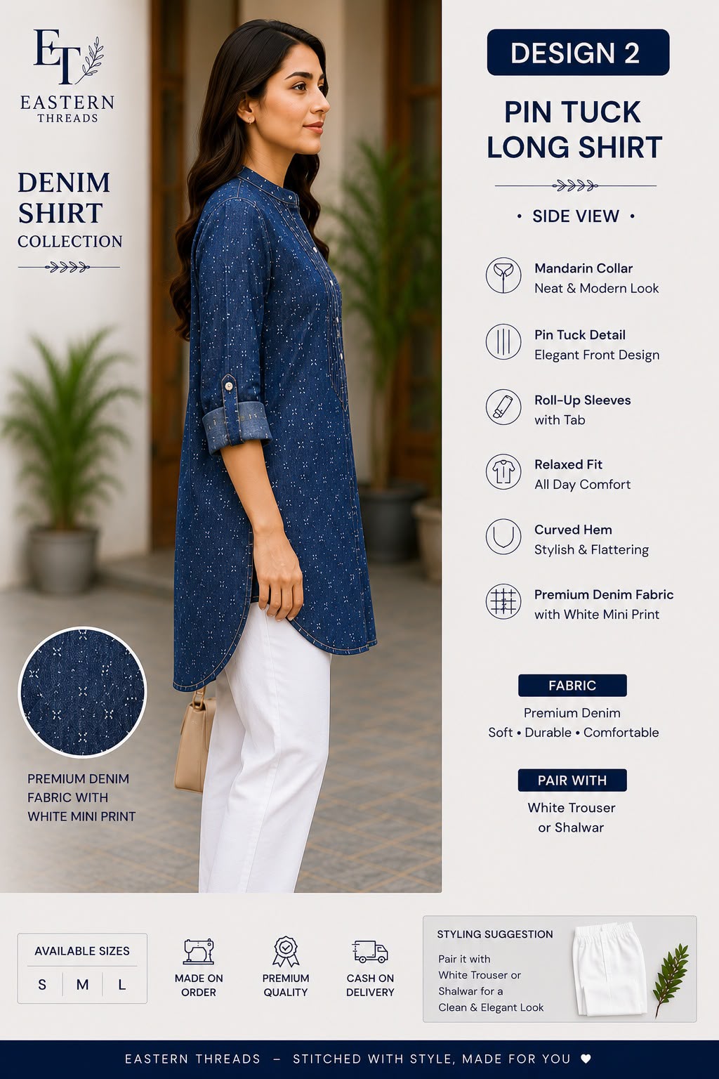 Pin Tuck Long Blue Denim Style Shirt