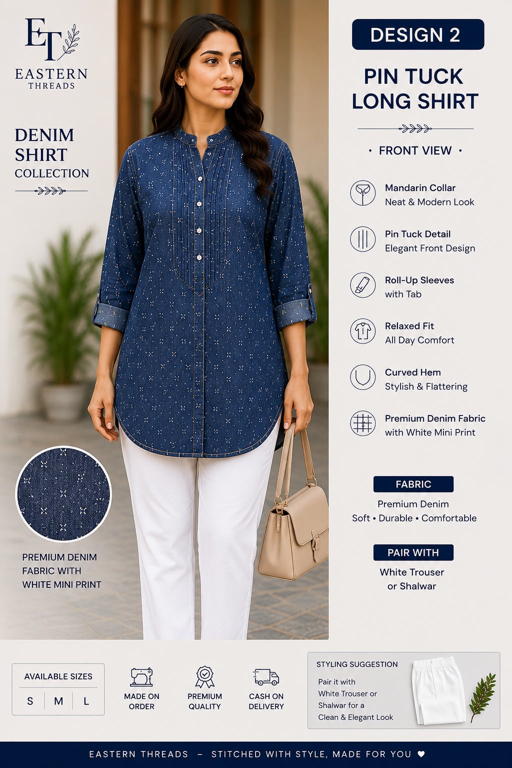 Pin Tuck Long Blue Denim Style Shirt