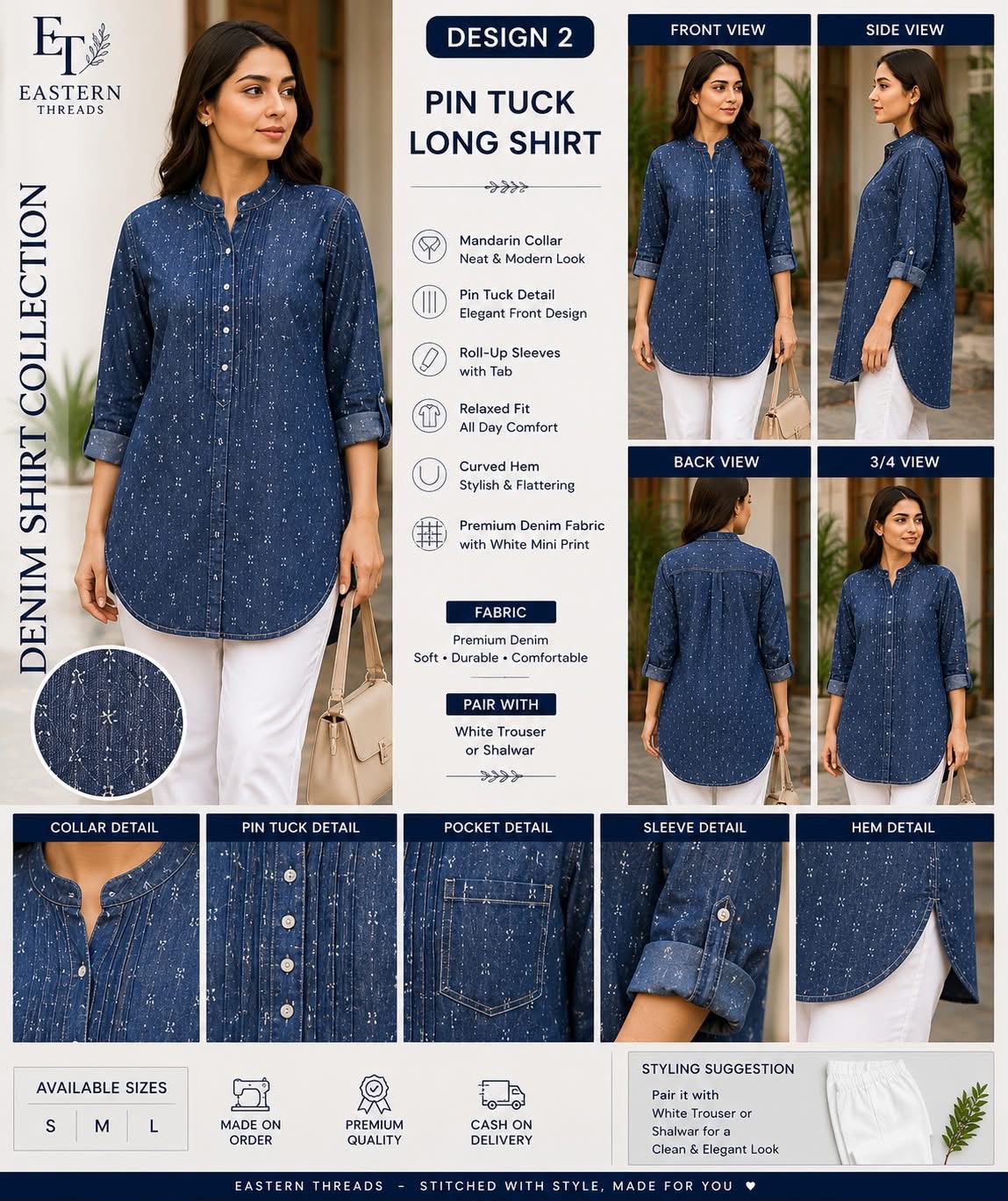 Pin Tuck Long Blue Denim Style Shirt