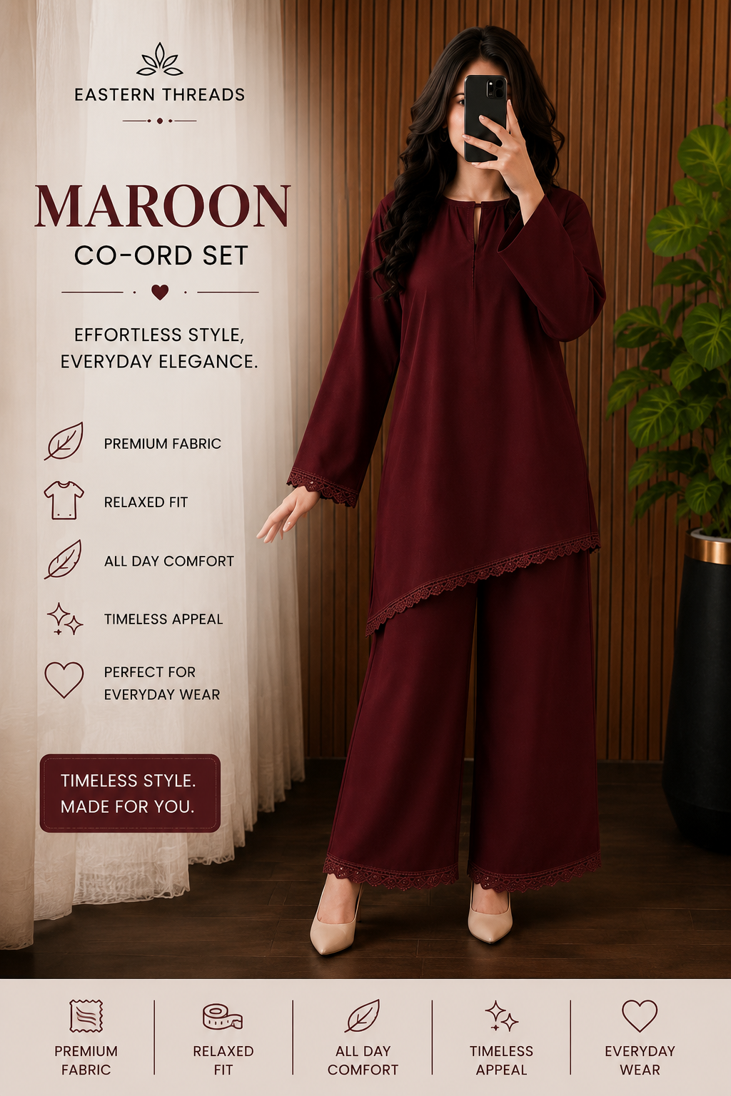 MAROON TRI BOTTOM CO-ORD SET