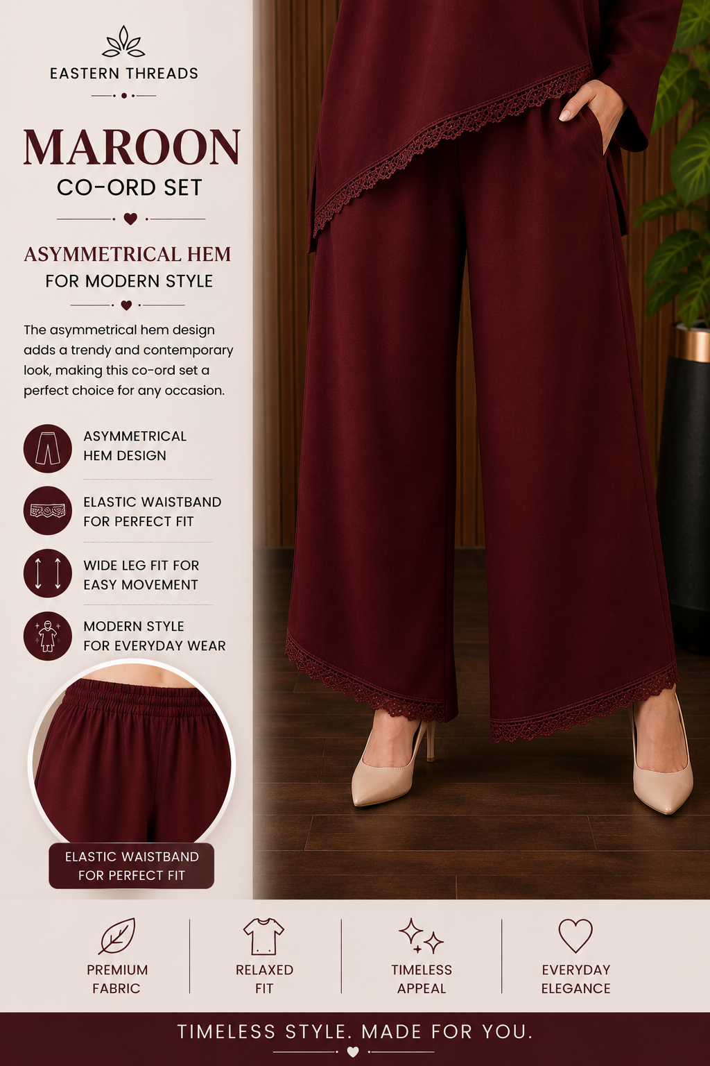 MAROON TRI BOTTOM CO-ORD SET